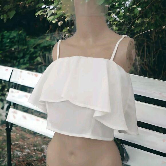 Y2K Ruffled Crop Top Cami Vanilla White Adjustable Spaghetti Straps Zipper Back. - Picture 14 of 16
